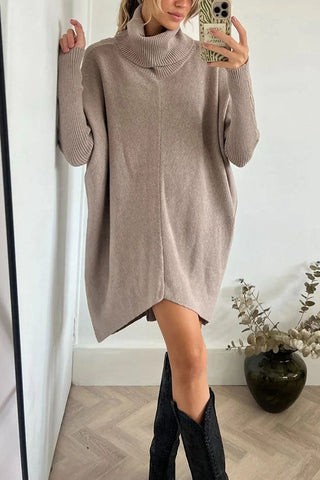 Suéter holgado midi de cuello alto con dobladillo alto y bajo, perfecto para paseos invernales 