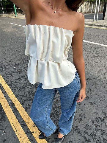 TARUXY Solid Folds Tank Top Women 2023 Autumn Slim Sleeveless Cute Tops Women's Club Sexy Low Cut Street Fashion Femme Clothing