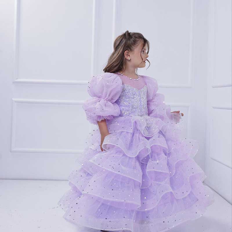 Blumenmädchenkleid, Kinder-Osterkleid, Partykleid, lila Pailletten, bauschiges Prinzessinnen-Kommunionskleid 