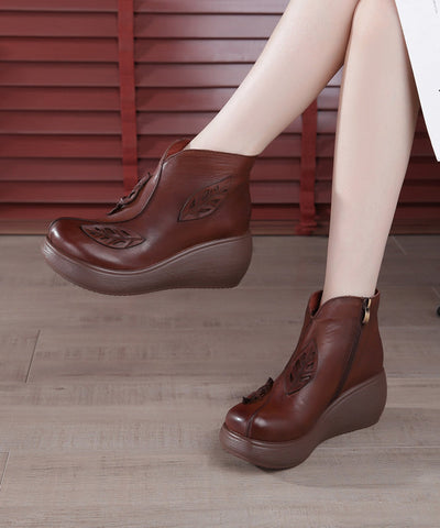 Botines de cuña hechos a mano en piel de vacuno marrón 
