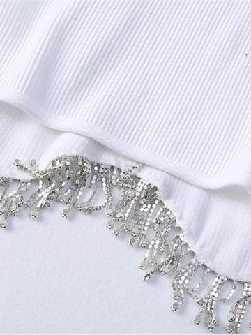 Camiseta de punto con dobladillo sexy y borlas de diamantes y cuentas de High Street, camisola corta elegante, top corto ajustado para mujer 