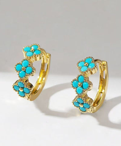 Casual Gold Copper Inlaid Zircon Turquoise Four Leaf Clover Hoop Earrings
