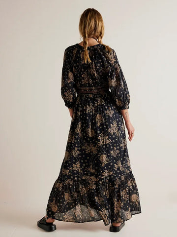 A-Line Flowy Dress Printed V-Neck Puff Sleeves Casual Summer Maxi Dresses