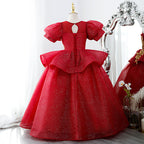 Mädchen-Weihnachtskleid, Baby-Kommunionskleid, luxuriöses rotes besticktes Prinzessinnenkleid für Hochzeiten und Partys 