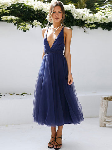 Vestido midi sin mangas con escote en V profundo de tul para fiesta de cumpleaños 