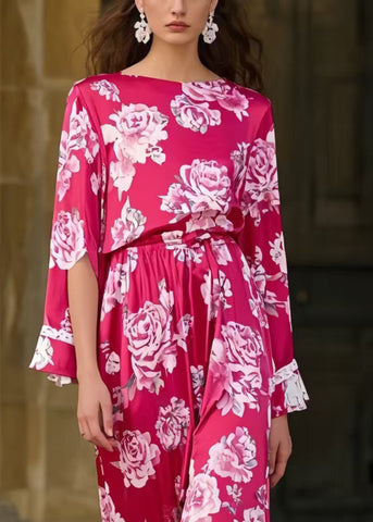 Chic Rose Cinched Floral Seide Langes Kleid Frühling 