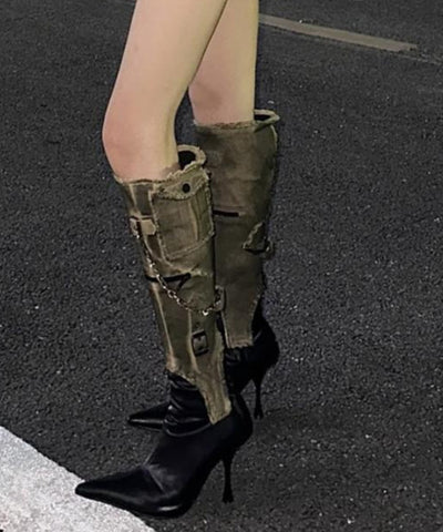 Botas de tacón alto con punta puntiaguda y empalme de cuero sintético negro de moda 
