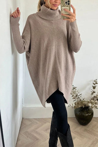 Suéter holgado midi de cuello alto con dobladillo alto y bajo, perfecto para paseos invernales 