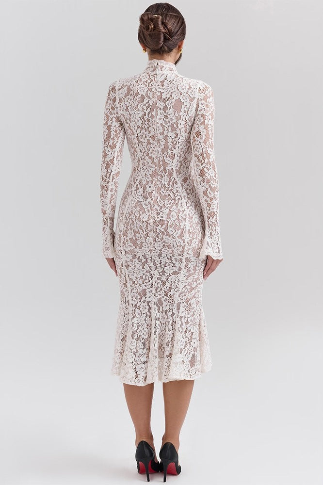 Round Neck Lace Long Sleeve Mermaid Midi Dress