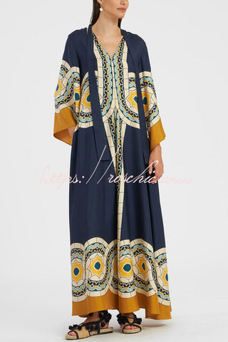 Shine The Light Unique Printed High Neck Bell Sleeve Loose Maxi Dress