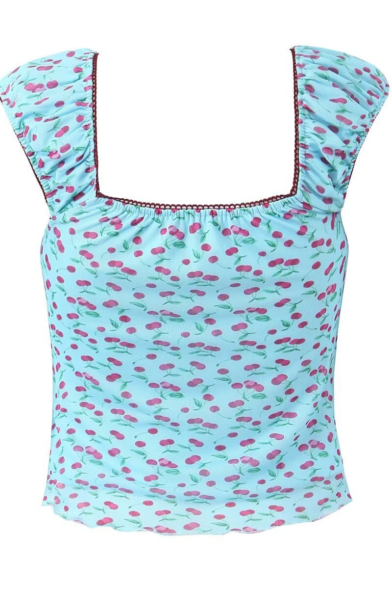 Sweet Bow Cherry Puff Sleeve Blouse