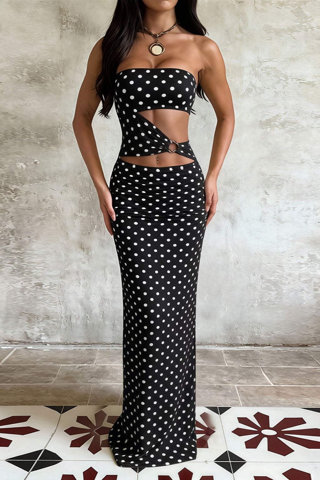 Printed Strapless Cut Out Bodycon Maxi Dress