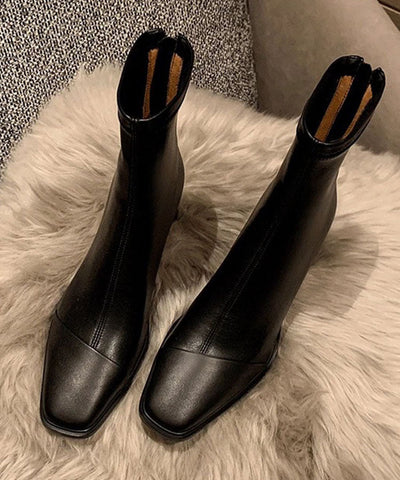 Botas francesas de piel de vacuno negra con tacón grueso y entretejido 