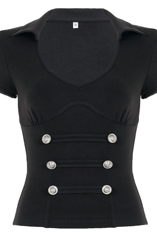Double Button V Neck Fitted Blouse