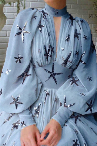 Grand Evening Chiffon-Maxikleid mit Stern-Pailletten und Laternenärmeln 