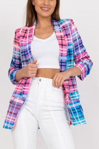 Lässiger Blazer für Damen, Farbe kariert, langärmelig, vorne offen, für die Arbeit im Büro, Anzugjacke mit Tasche 