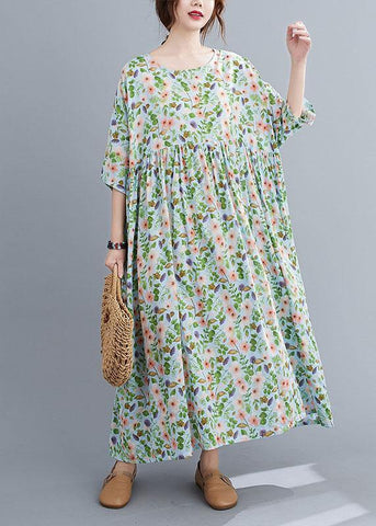 Vestido de verano bohemio verde claro con cuello redondo y estampado de patchwork, media manga 