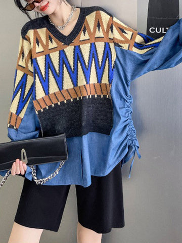 False Two Long Sleeves Drawstring Split-Joint V-Neck Sweater