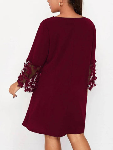 A-Line Loose Mesh Polka-Dot Split-Joint Three-Dimensional Flower Round-Neck Mini Dresses