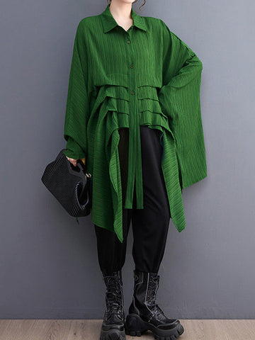 Long Sleeves Loose Pleated Solid Color Lapel Blouses&Shirts Tops