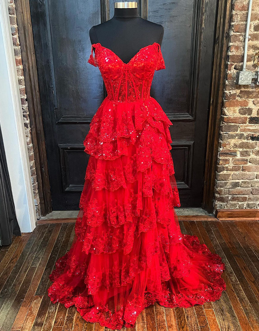 A-Linien-Abendkleid mit schulterfreiem Korsett und Spitzenrüschen