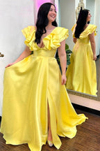 Hot Pink V-Neck Ruffle A-Line Long Prom Dress