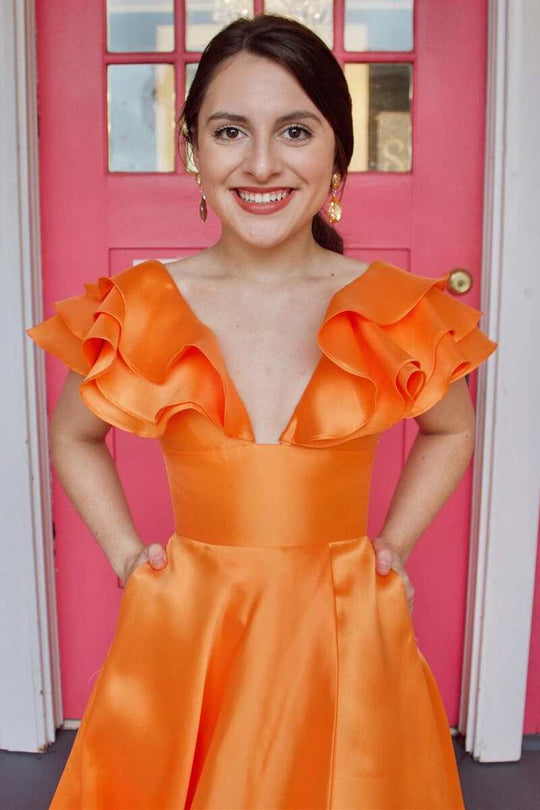 Hot Pink V-Neck Ruffle A-Line Long Prom Dress