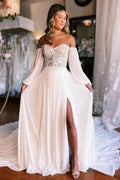 A-Linien-Brautkleid mit herzförmigem Dekolleté, langen Ärmeln, Schlitz vorne und Spitze