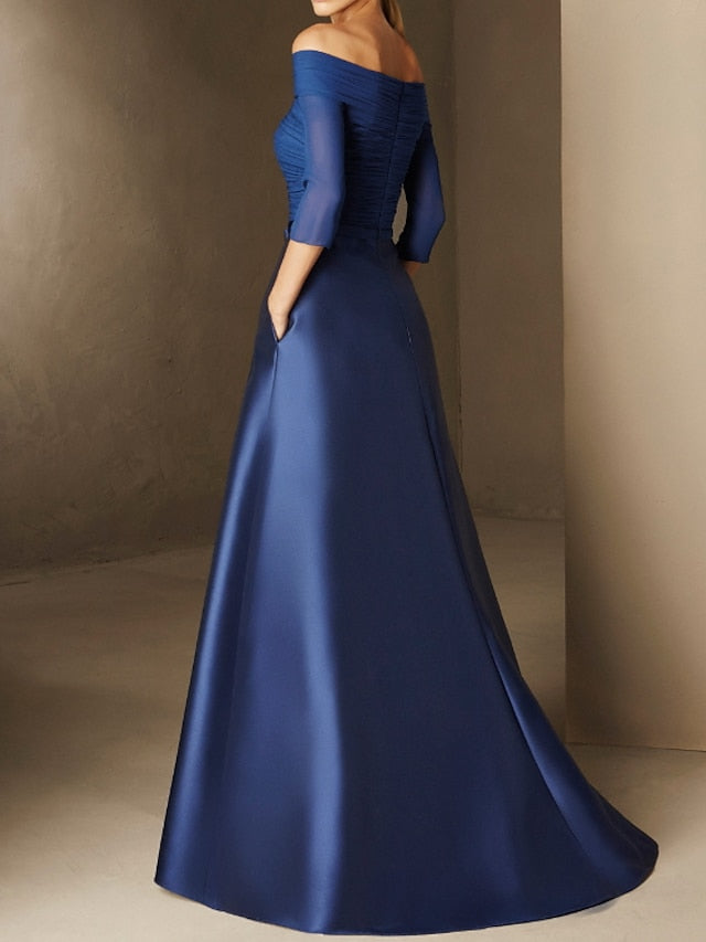 Vestidos de madre de la novia de corte A/princesa, hombros descubiertos, mangas cortas y aplique de cinturón 