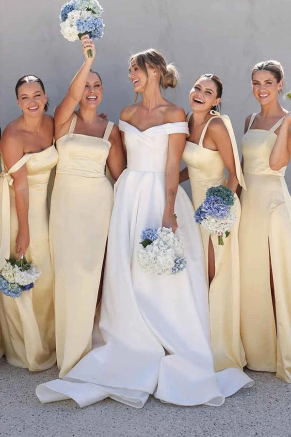 A-Line Light Yellow Scoop Neck Bridesmaid Dress with Slit