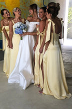 A-Line Light Yellow Scoop Neck Bridesmaid Dress with Slit