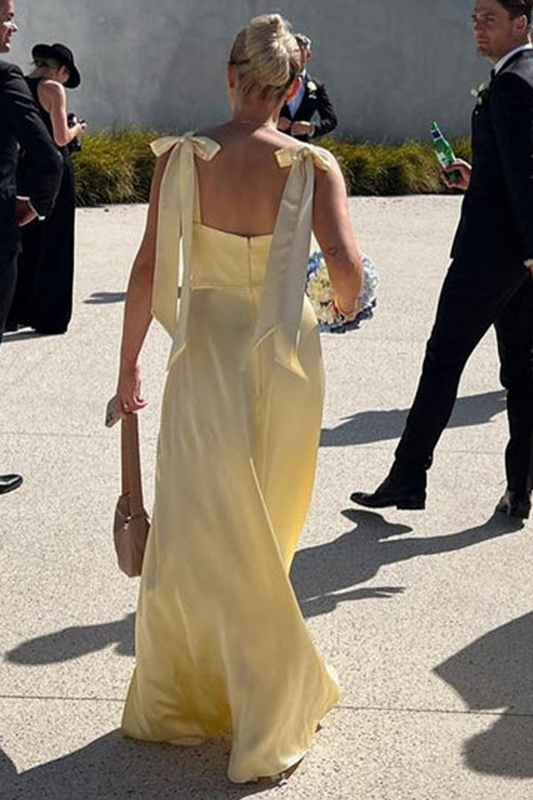 A-Line Light Yellow Scoop Neck Bridesmaid Dress with Slit