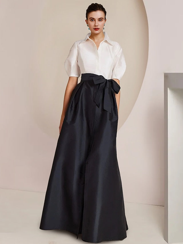 Vestido de 2 piezas para madre de la novia, corte A/princesa, cuello camisero, mangas cortas 