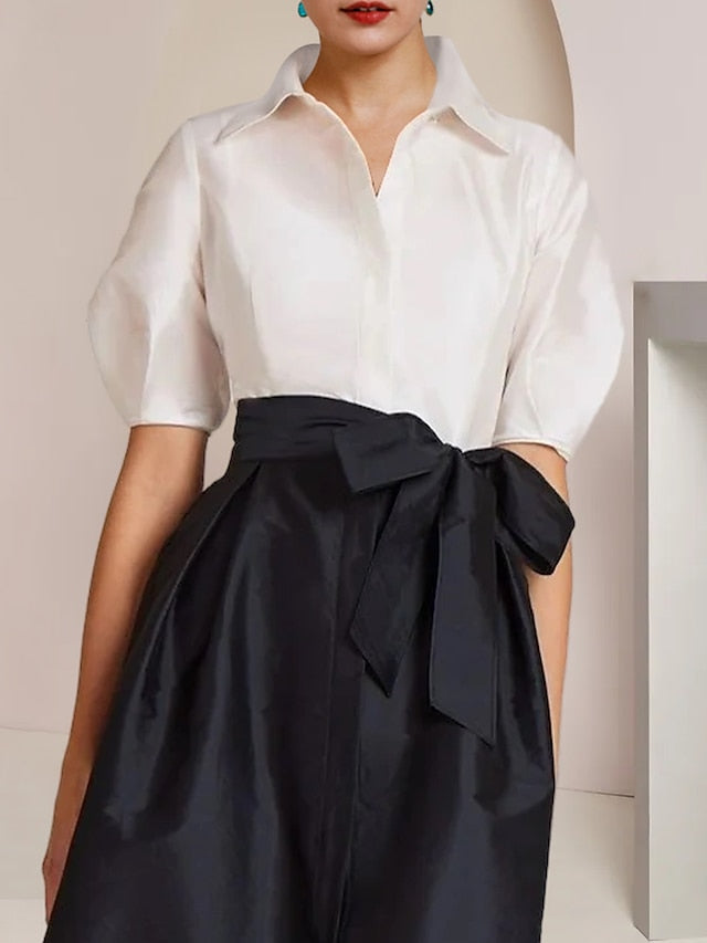 Vestido de 2 piezas para madre de la novia, corte A/princesa, cuello camisero, mangas cortas 