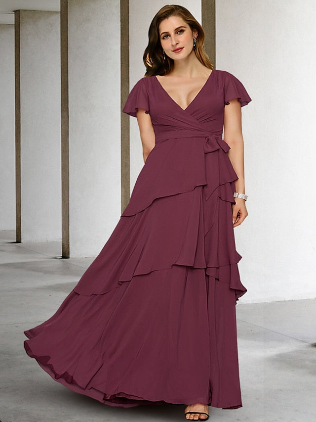 Vestidos de madre de la novia de corte A/princesa, escote en V y largo hasta el suelo 
