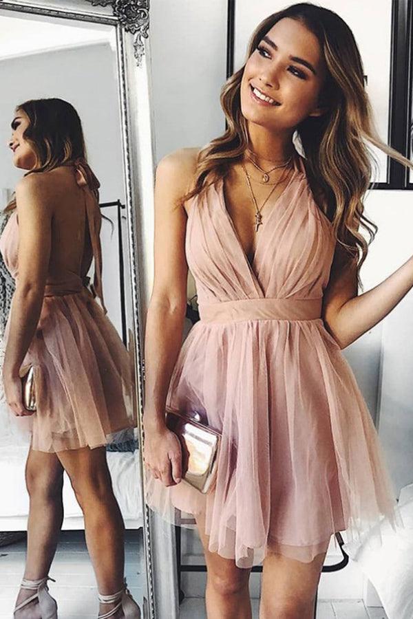 A-Line Tulle Deep V-neck Backless Pleats Mini Homecoming Dress