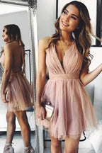 A-Line Tulle Deep V-neck Backless Pleats Mini Homecoming Dress