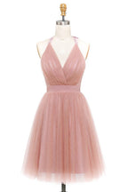 A-Line Tulle Deep V-neck Backless Pleats Mini Homecoming Dress