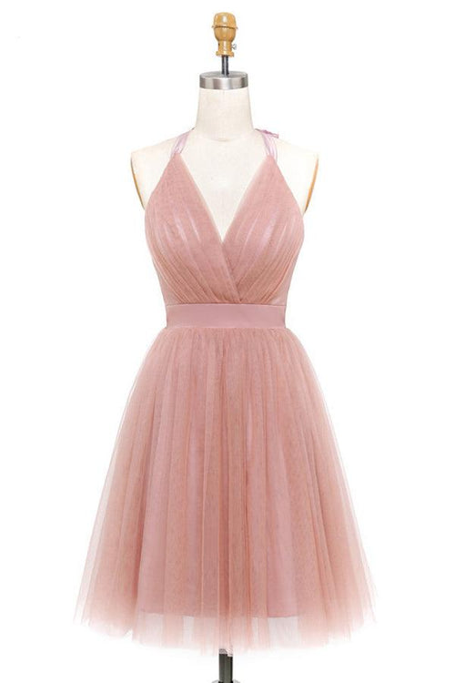 A-Line Tulle Deep V-neck Backless Pleats Mini Homecoming Dress