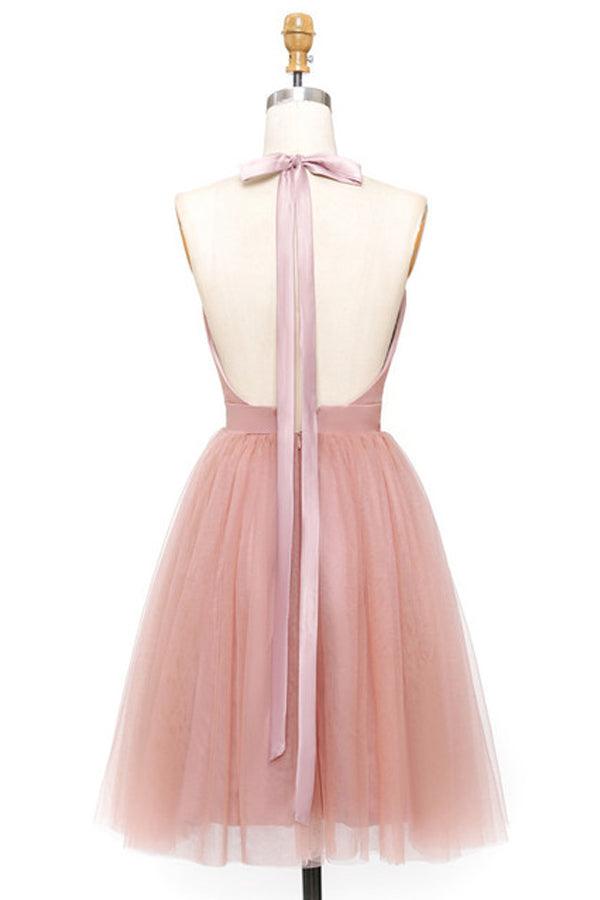 A-Line Tulle Deep V-neck Backless Pleats Mini Homecoming Dress