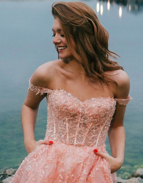 A-Line Spaghetti Straps Glitter Tulle Prom Dress with Slit