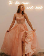 A-Line Spaghetti Straps Glitter Tulle Prom Dress with Slit