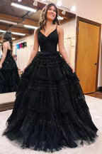 Vestido de fiesta largo de tul con escote en V y tirantes finos en forma de A
