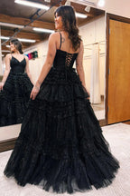 Vestido de fiesta largo de tul con escote en V y tirantes finos en forma de A