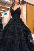 Vestido de fiesta largo de tul con escote en V y tirantes finos en forma de A