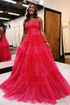 Vestido de fiesta largo de tul con escote en V y tirantes finos en forma de A
