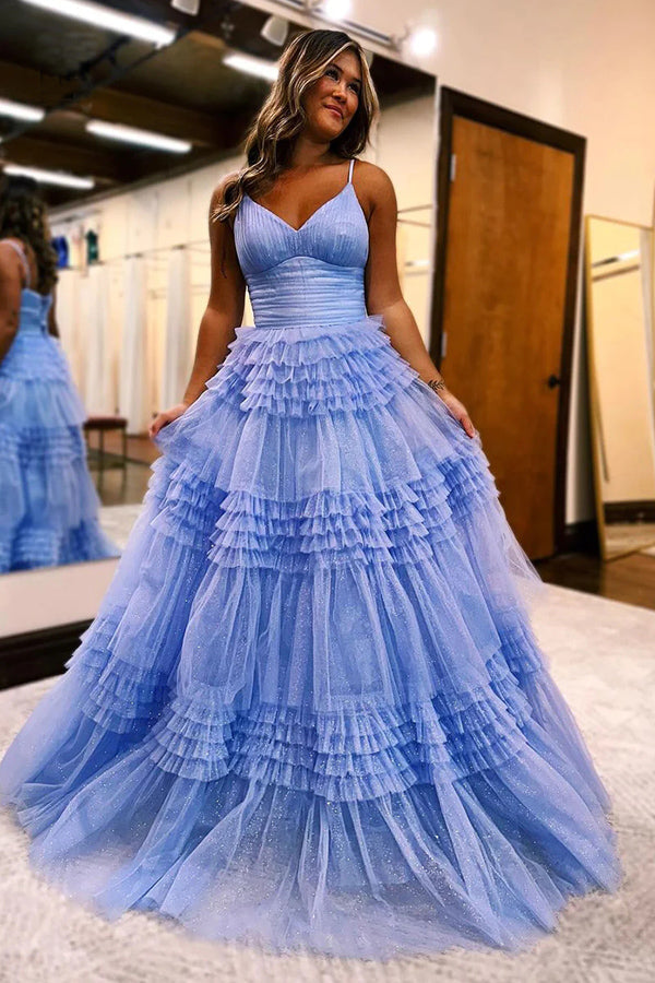 Vestido de fiesta largo de tul con escote en V y tirantes finos en forma de A