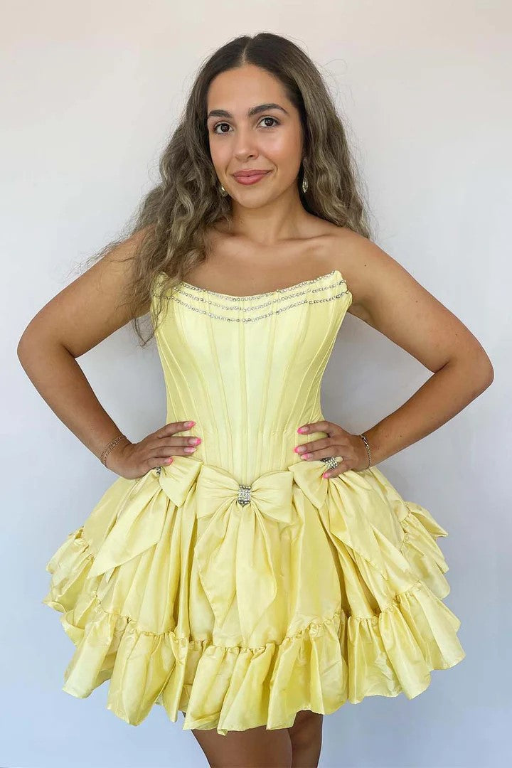 Vestido corto de regreso a casa sin tirantes estilo A con lazo