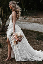A-Linien-Träger Spitzen Strand Hochzeitskleid Boho Brautkleid Mit Schlitz