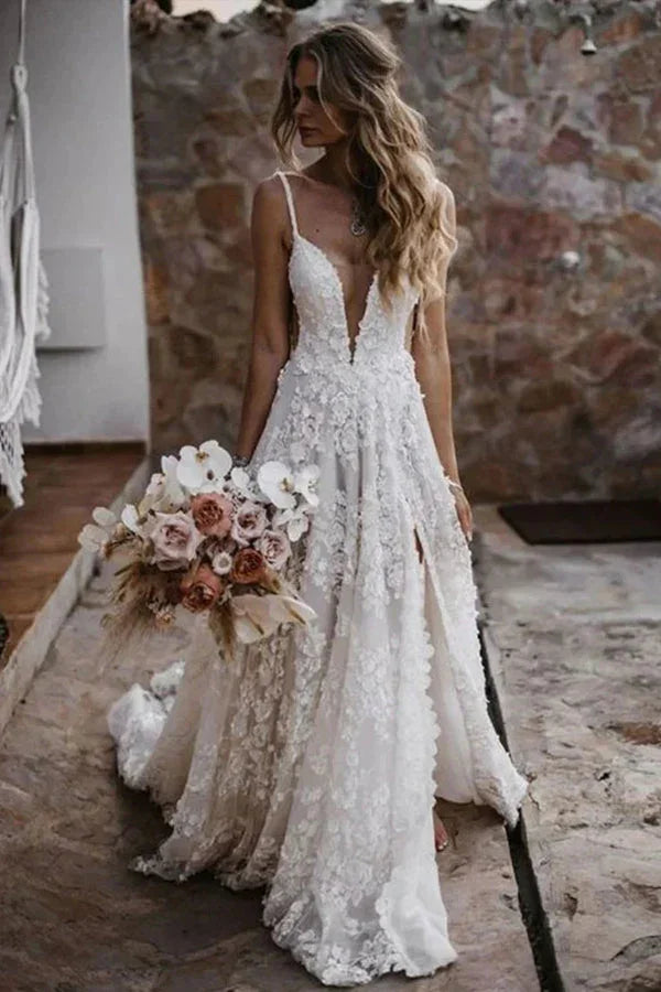 A-Linien-Träger Spitzen Strand Hochzeitskleid Boho Brautkleid Mit Schlitz